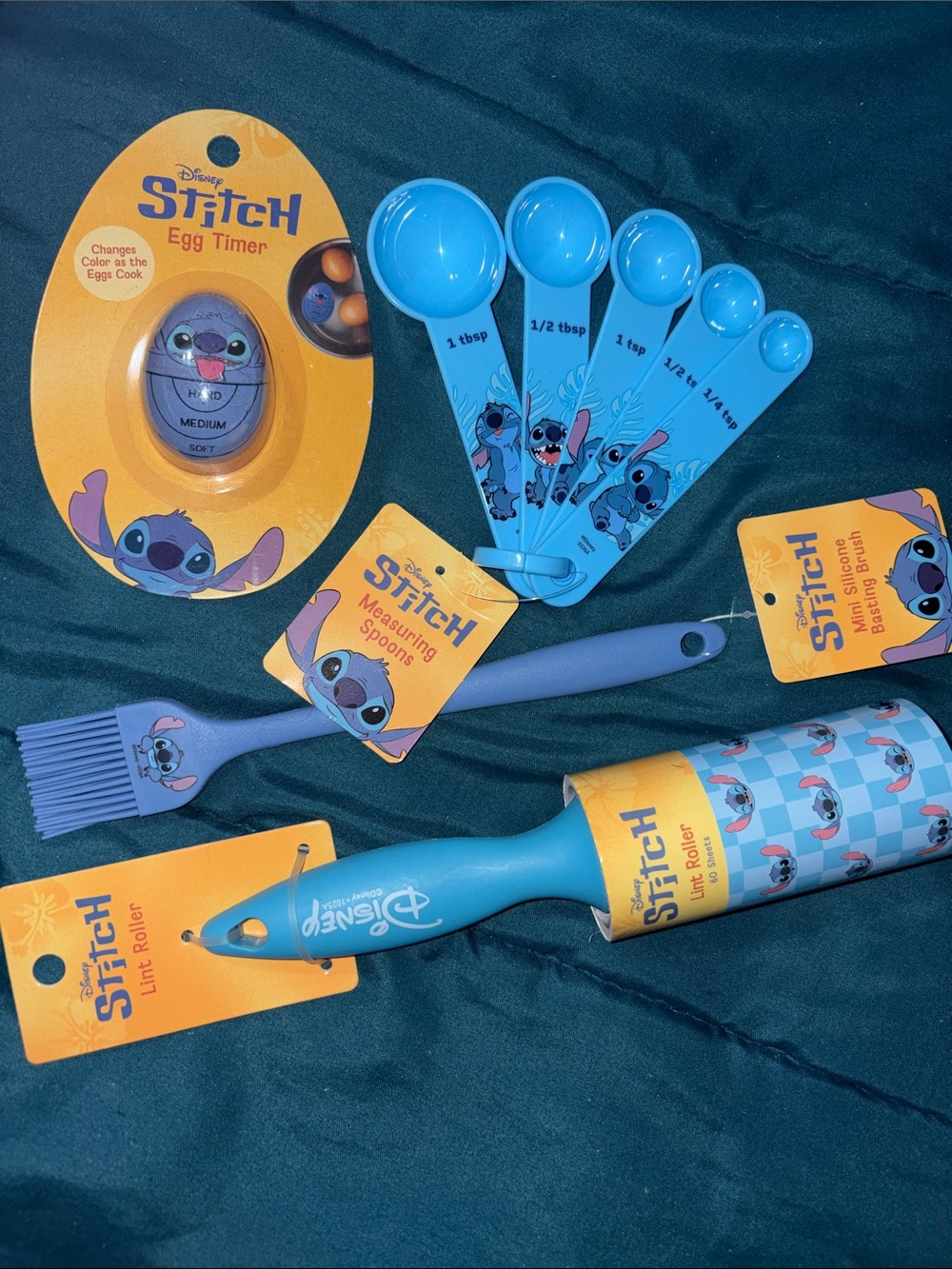 4 Items - Disney Stitch Measuring Spoon Set, Egg Timer, Lint Roller, Basting Bru